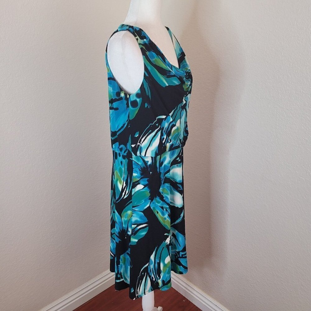 Jones New York Cowl Neck Blouson Blue/Black Floral Knee Length Dress Size 6 - Picture 2 of 11